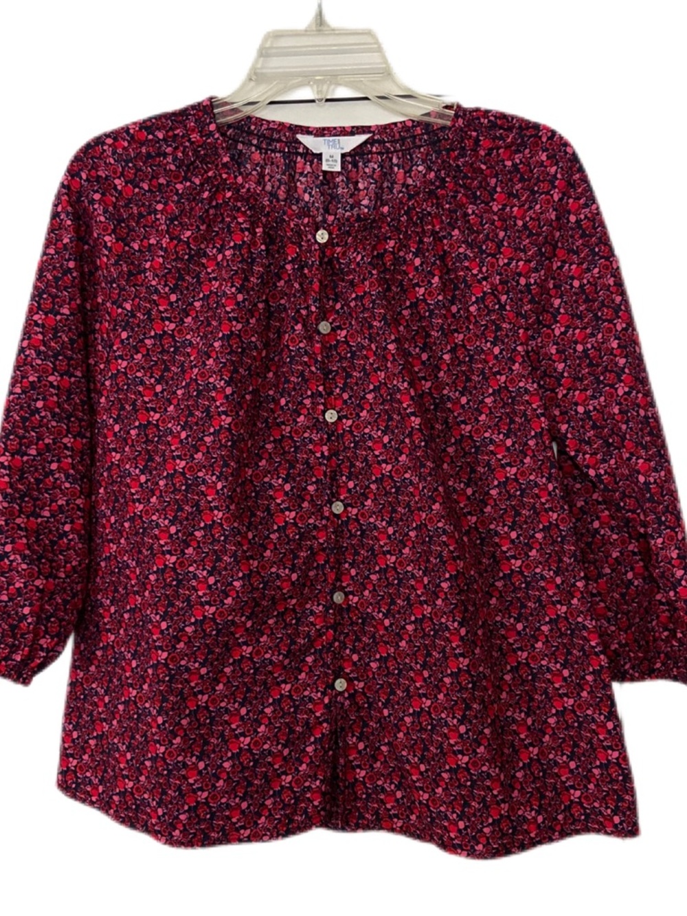 Time and Tru Red and Pink Floral on a Navy Background Button-Front Blouse Size M